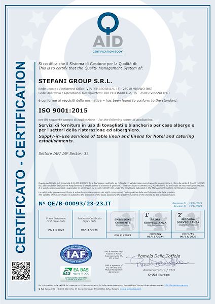 Certificazione ISO 9001:2015 - Servizio di Fornitura di Tovagliati e Biancheria