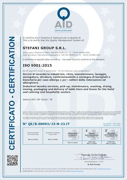 Certificazione ISO 9001:2015 - Servizio di Lavanderia Industriale